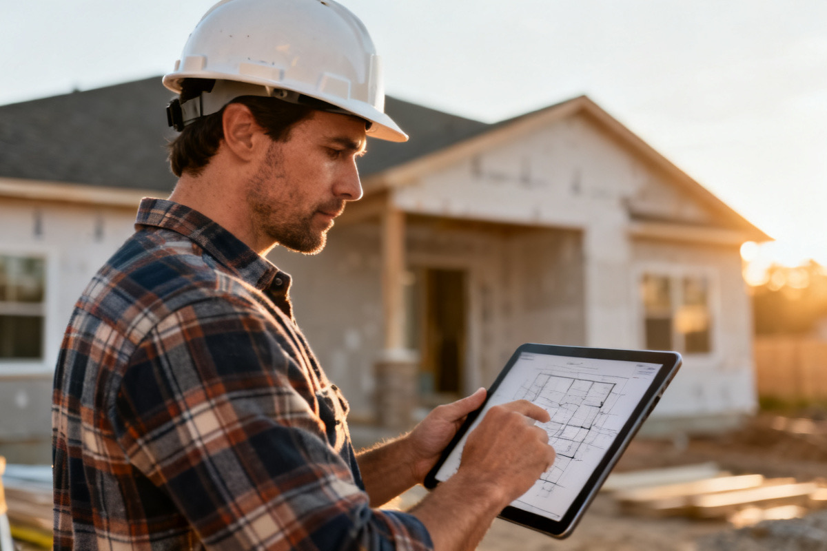 Contractor reviewing plans at a remodel