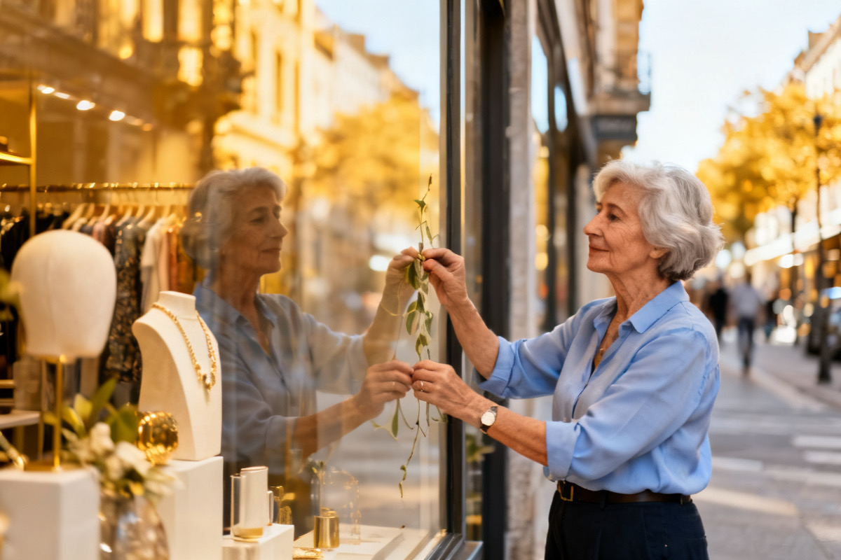 Boutique owner arranging her window display