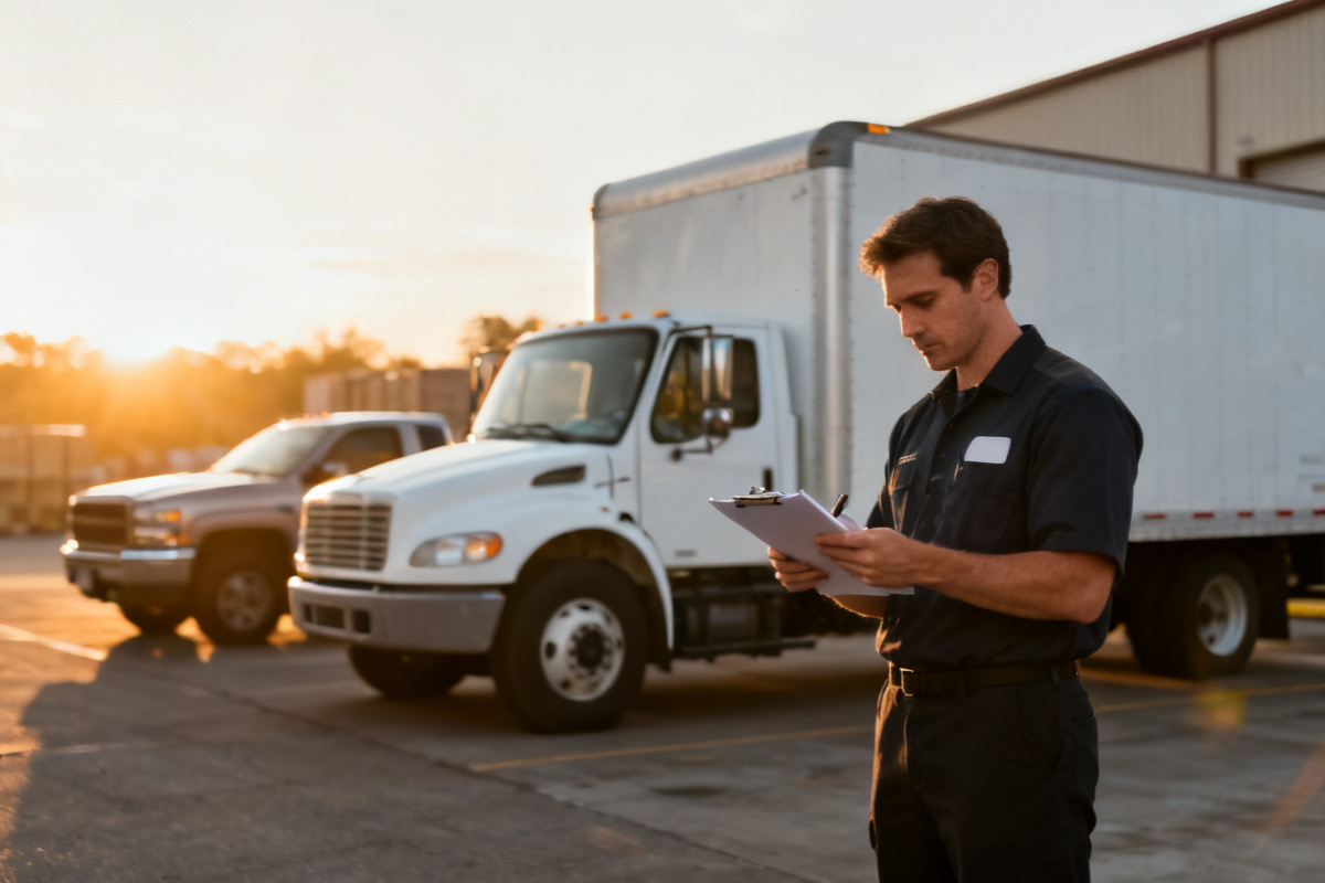 Box truck and pickup at a yard at sunrise
