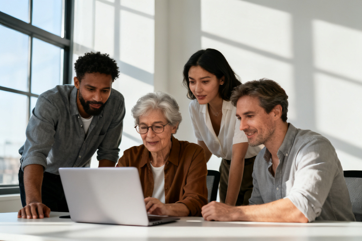 Small team around a laptop in a modern office