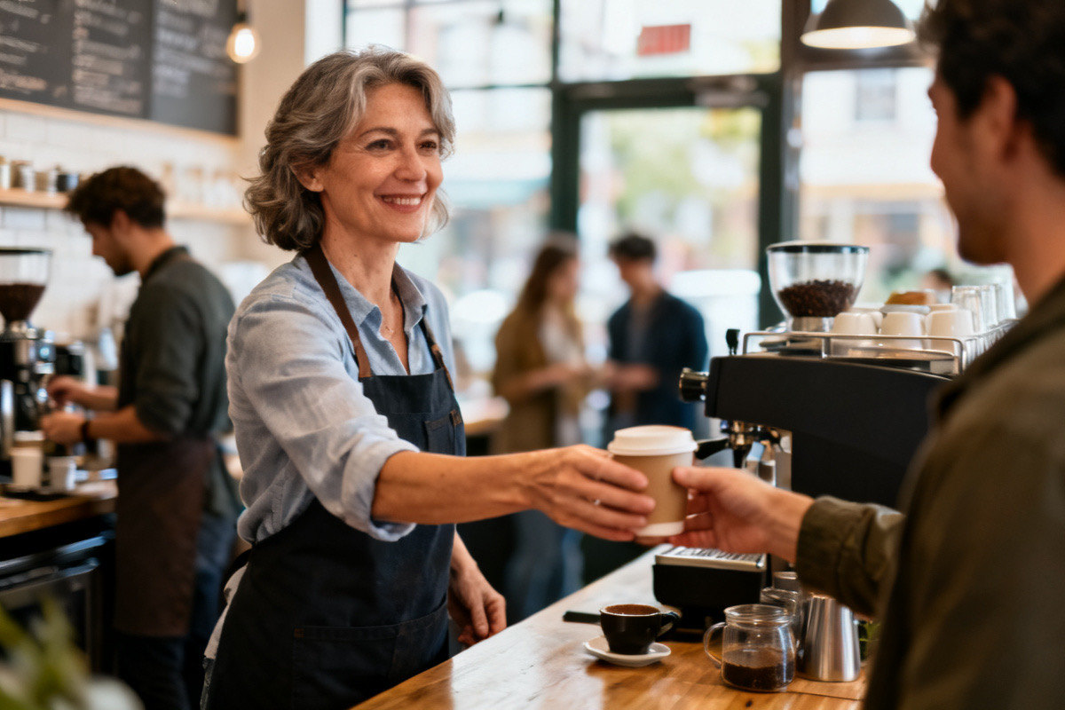 Coffee shop owner handing a cup across the counter