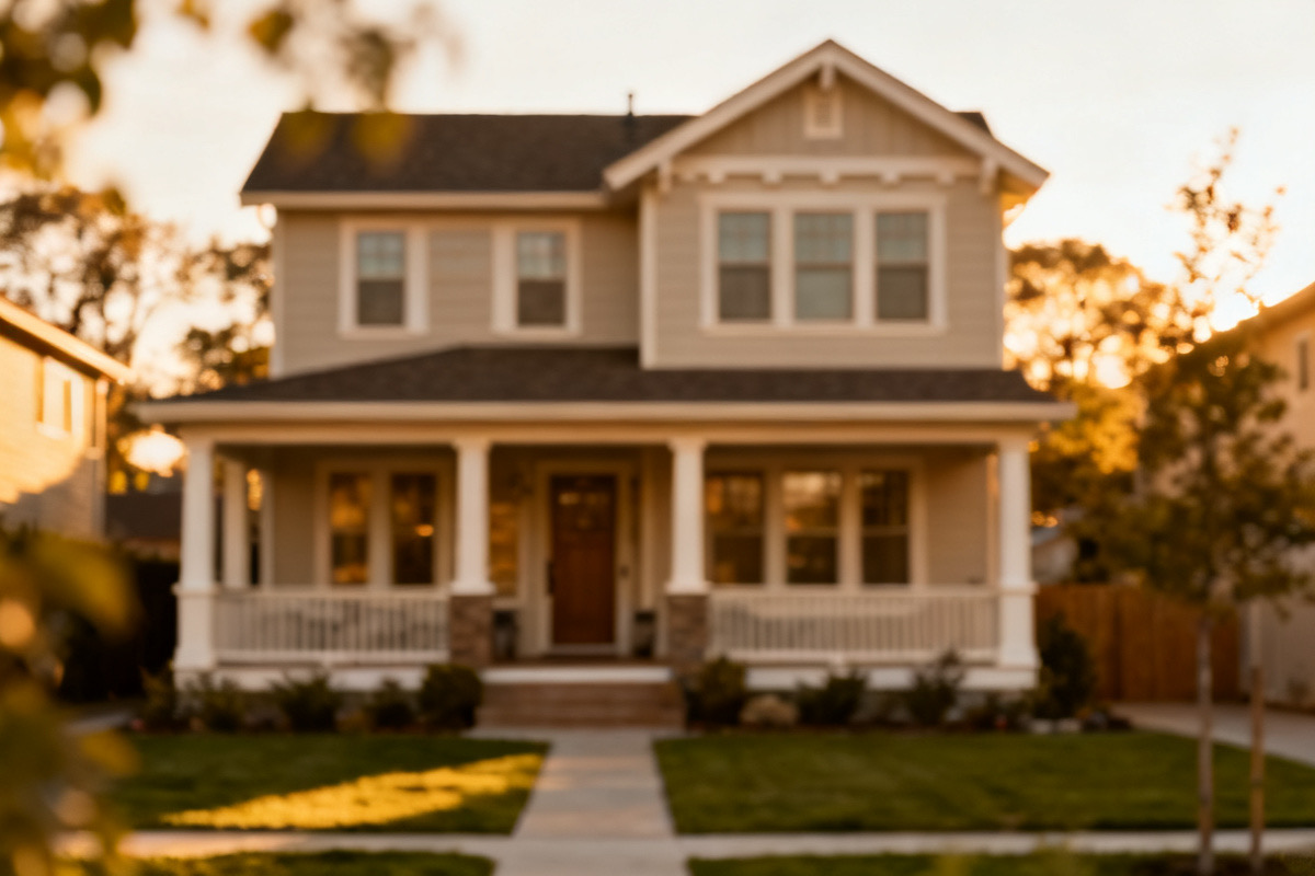 Two-story house with a front porch at dusk