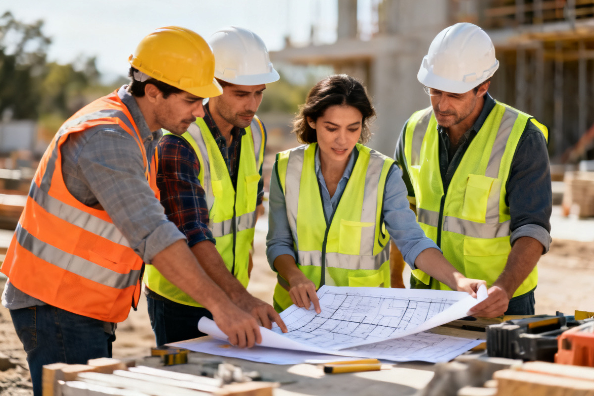 Construction crew reviewing a plan on site