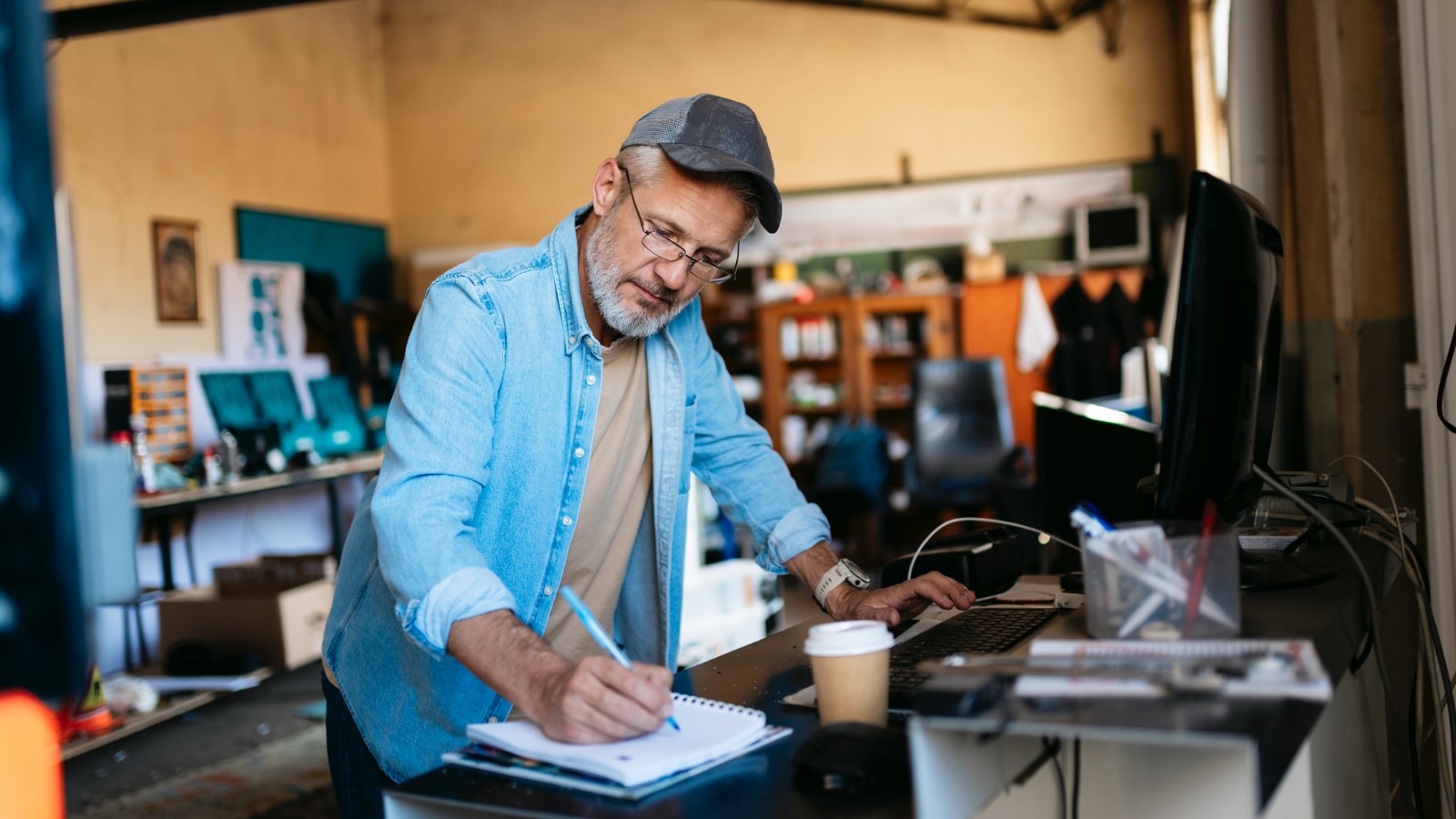 Older male business owner doing paperwork in his shop